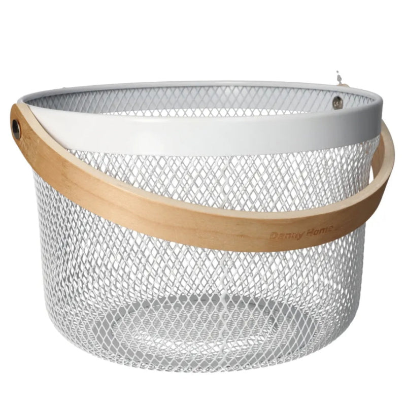 Mesh Stainless Steel Round Storage Basket With Handle White