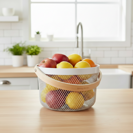 Mesh Stainless Steel Round Storage Basket With Handle White