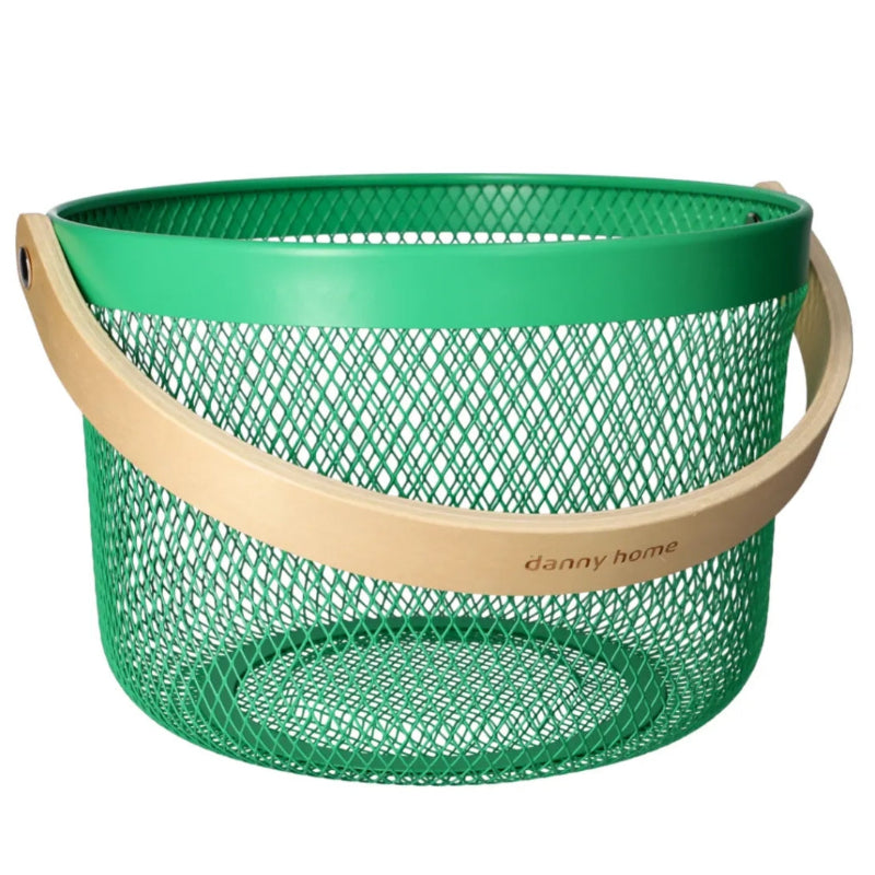 Mesh Stainless Steel Round Storage Basket With Handle Green