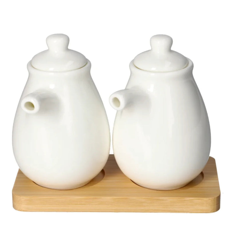 Porcelain Spice Bottle 2 Pcs Set 190ml With Bamboo Base