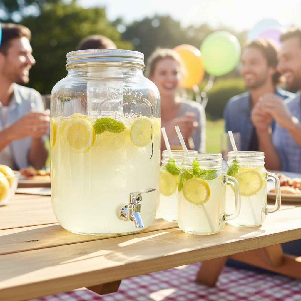 Glass Beverage Dispenser & Mason Jar Set 5pcs