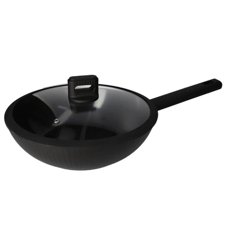 Non Stick Aluminum Deep Wok With Lid Black 28cm