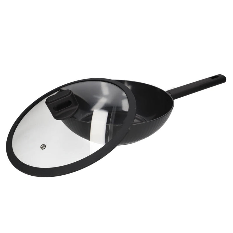 Non Stick Aluminum Deep Wok With Lid Black 30cm