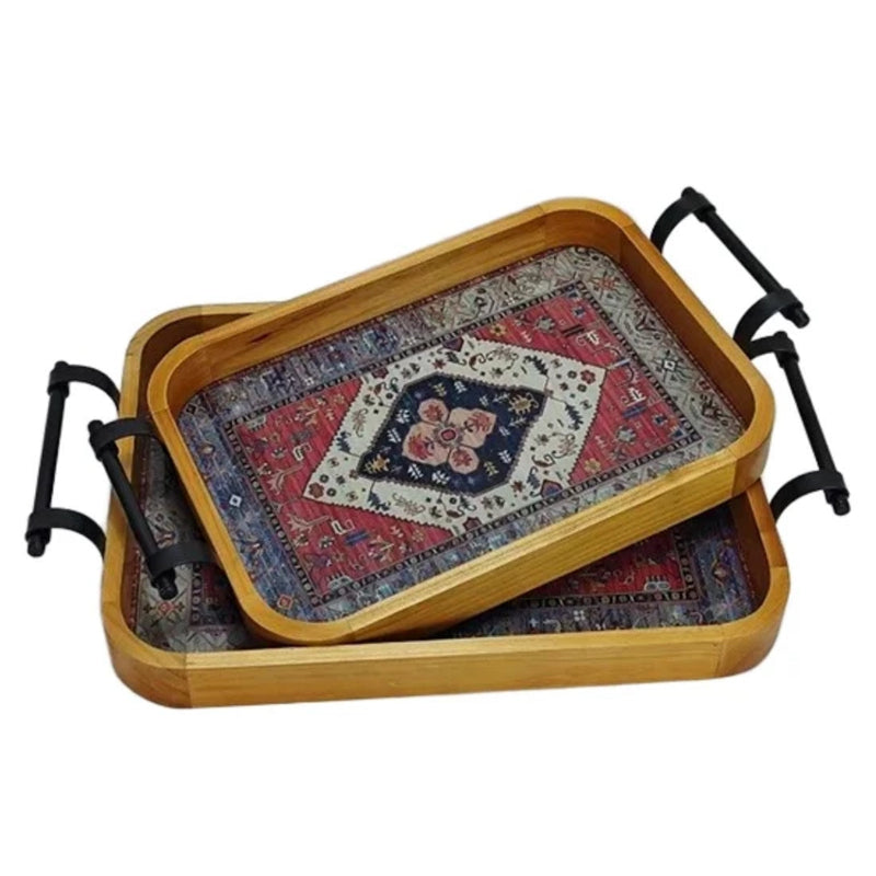 Persian Red Rug Style Wooden Serving Tray (Set of 2)