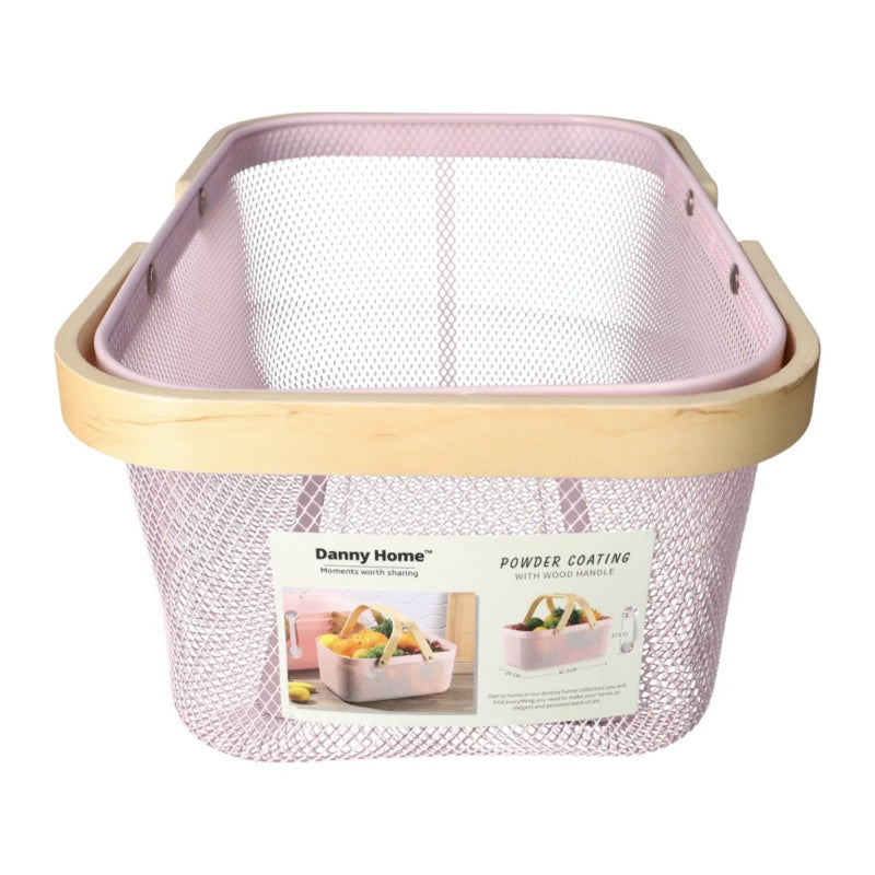 Mesh Stainless Steel Rectangular Storage Basket With Handle Pink