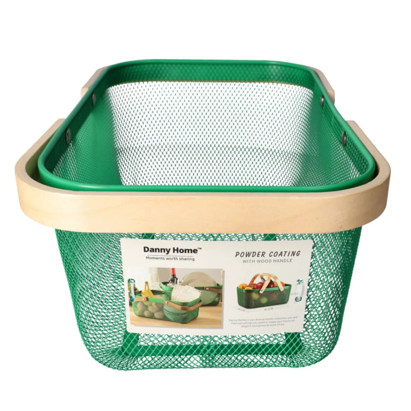 Mesh Stainless Steel Rectangular Storage Basket With Handle Green