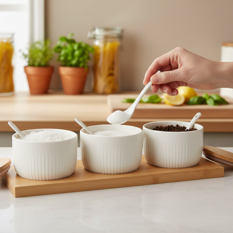 Ceramic Seasoning Jars With Bamboo Tray (Set of 10Pcs)