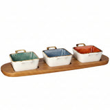 Ceramic Dessert Bowls With Wooden Tray (Set of 4 Pcs)
