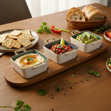 Ceramic Dessert Bowls With Wooden Tray (Set of 4 Pcs)
