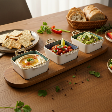 Ceramic Dessert Bowls With Wooden Tray (Set of 4 Pcs)