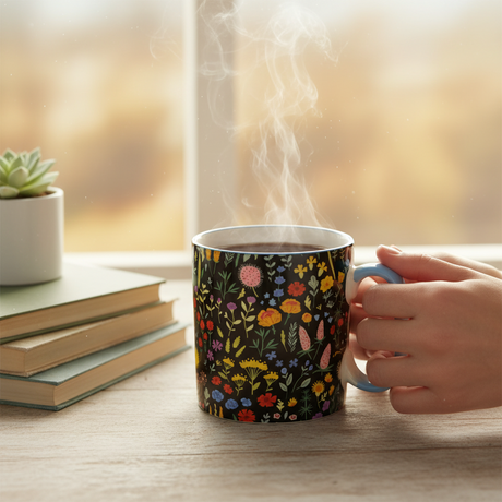 Floral Ceramic Coffee Mug Black 450ml