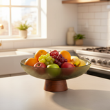 Glass Fruit Bowl With Wooden Pedestal Green 25.5cm