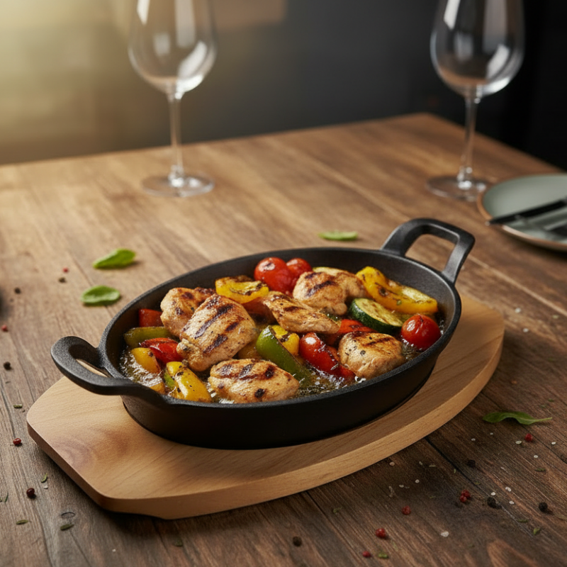 Cast Iron Sizzling Pan With Bamboo Base