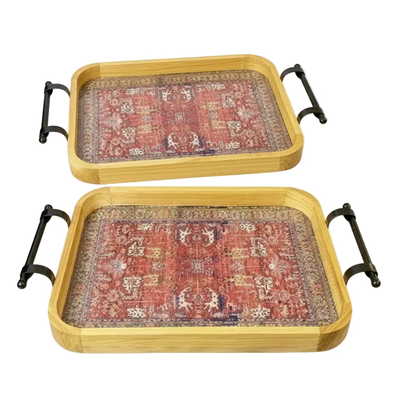 Persian Red Rug Style Wooden Serving Tray (Set of 2)