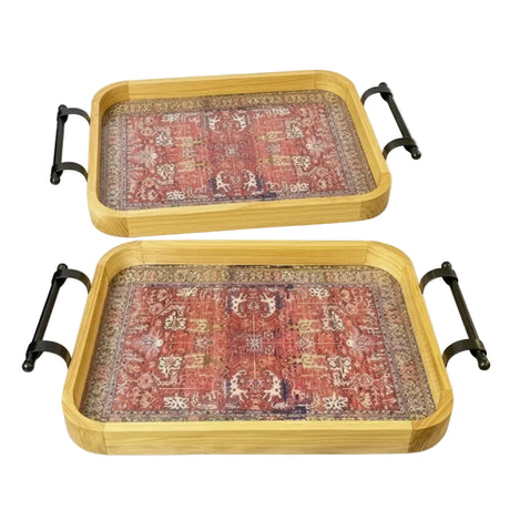 Persian Red Rug Style Wooden Serving Tray (Set of 2)