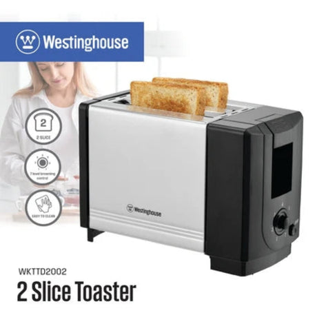 2-slice toaster with silver housing and black end caps, bread in the slots