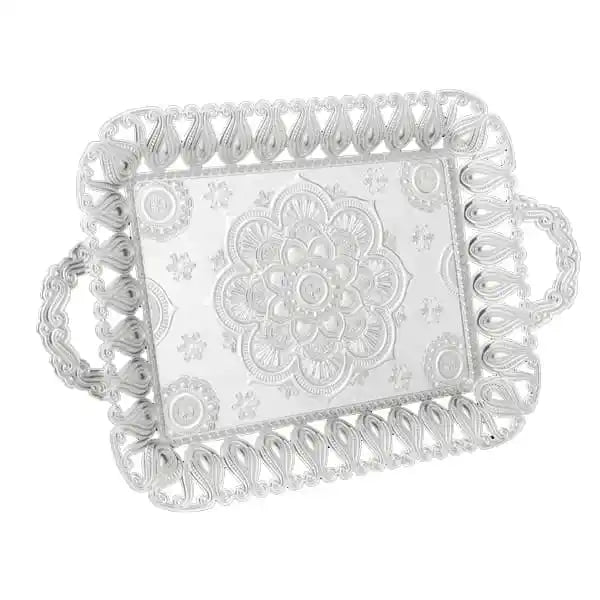 Silver Serving Tray With Handle Metal 22x43cm
