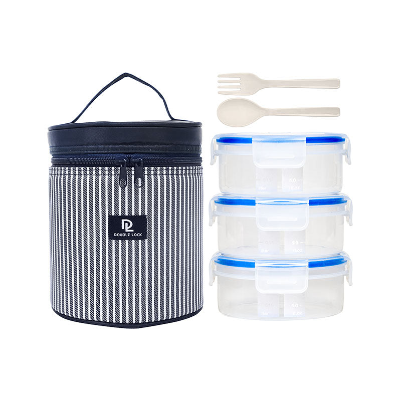 3 Piece Lunch Box Set with Bag Blue Lining