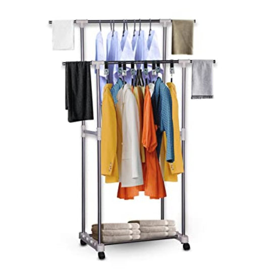 Double Rod Clothes Rack with Wheels