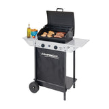 Campingaz gas BBQ grill with open lid, side shelves, and front control knobs