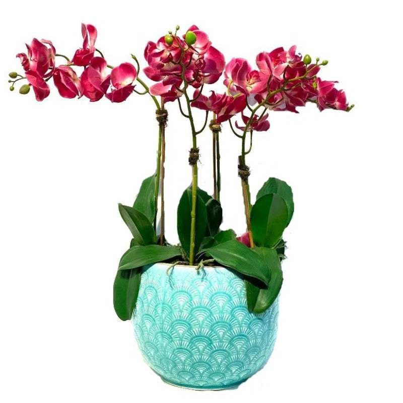 Pink Orchid Arrangement In Blue Turquoise Vase