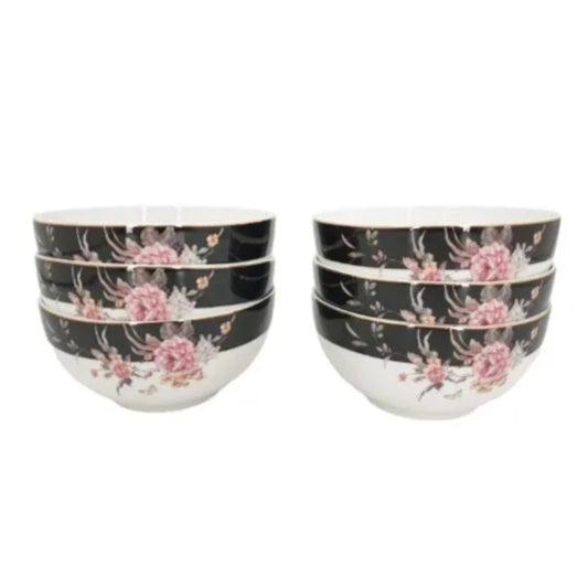 Dessert Bowl Set 6pcs Black Flower