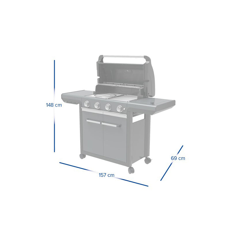 Gray BBQ grill with open lid, four front control knobs and side shelf.