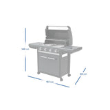 Gray BBQ grill with open lid, four front control knobs and side shelf.