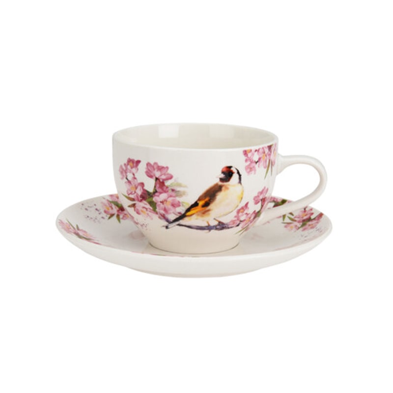 Cup and Saucer Bird and Floral Design