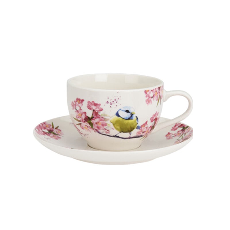 Cup and Saucer Bird and Floral Design