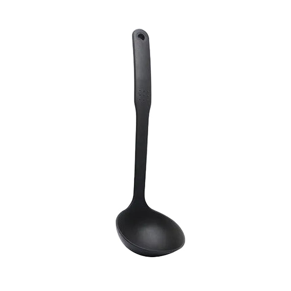 Black soup ladle with long handle and round bowl, standalone