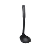 Black soup ladle with long handle and round bowl, standalone