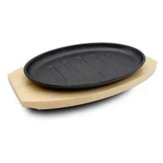 Cast Iron Grilling Pan Oval Large with wooden base