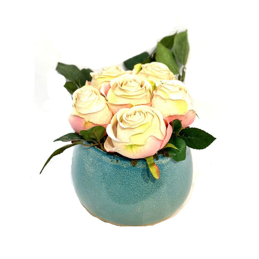 Faux Roses in Sky Blue Pot