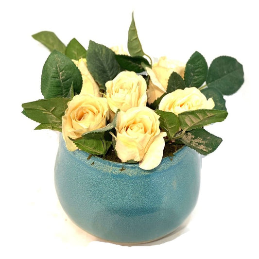 Faux Roses in Sky Blue Pot