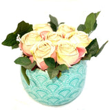 Faux Roses in Turquoise Pot