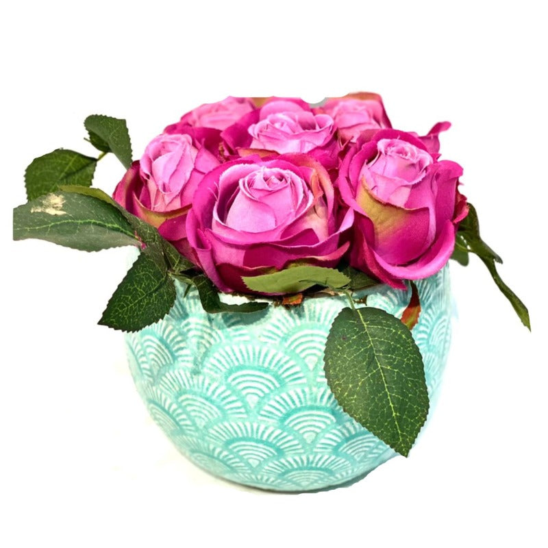 Faux Roses Pink in Turquoise Pot