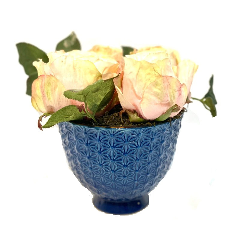 Faux Roses in Small Blue Vase