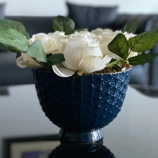 Faux White Roses in Blue Vase