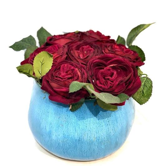 Faux Red Roses in Sky Blue Pot