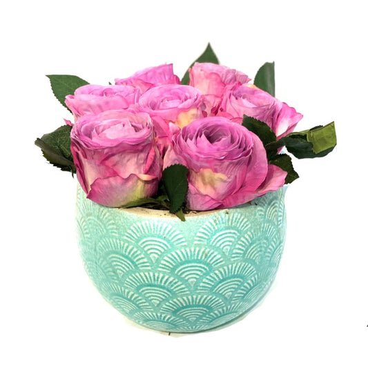 Faux Pink Roses in Turquoise Pot
