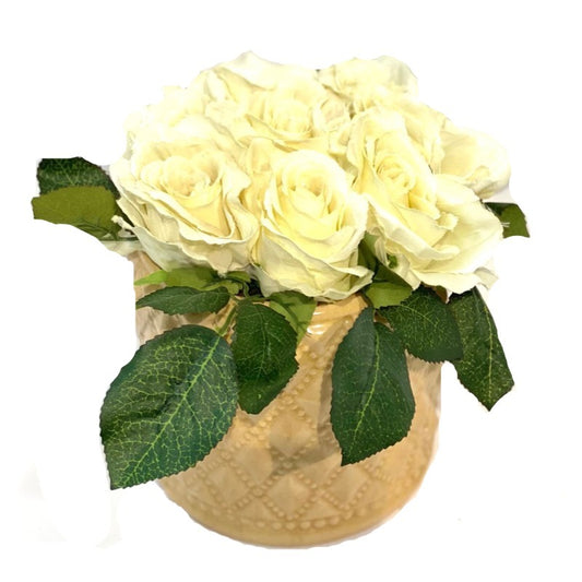 Faux White Roses in Beige Pot