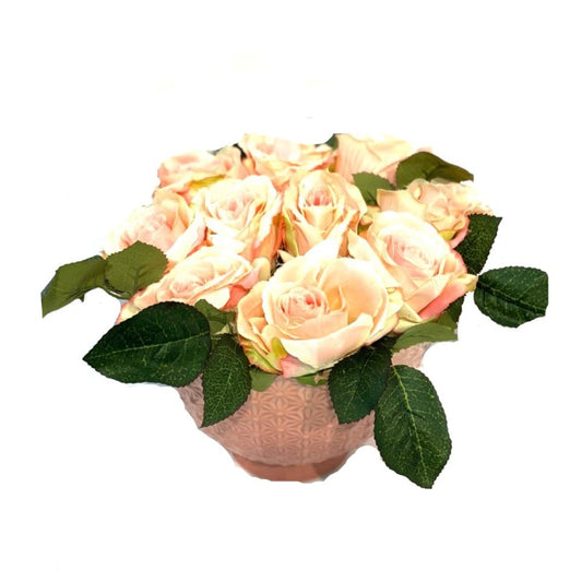 Faux Peach Roses in Pink Pot