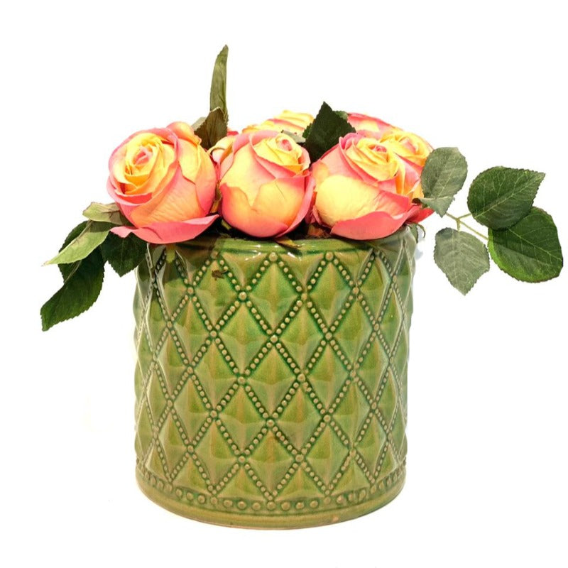 Faux Flower Arrangement in Green Pot