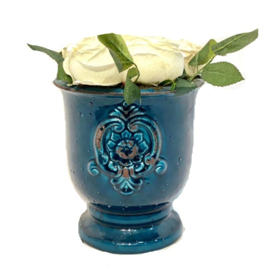 Faux White Roses Arrangement in Vintage Blue Pot
