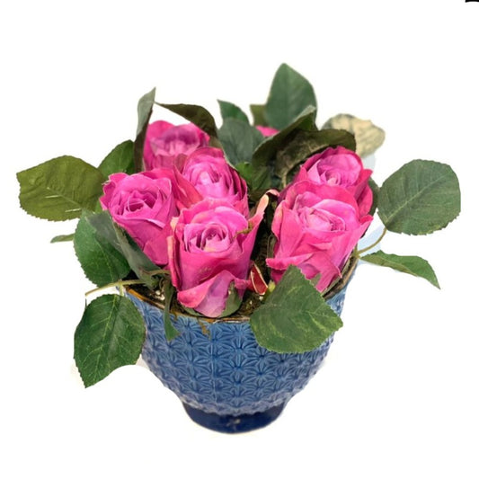 Faux Pink Rose Arrangement in Blue Vase