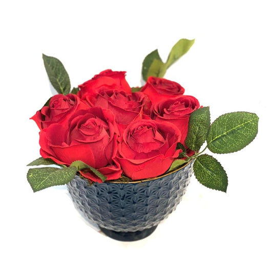 Faux Red Rose Arrangement in Charcoal Vase