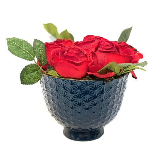 Faux Red Rose Arrangement in Charcoal Vase