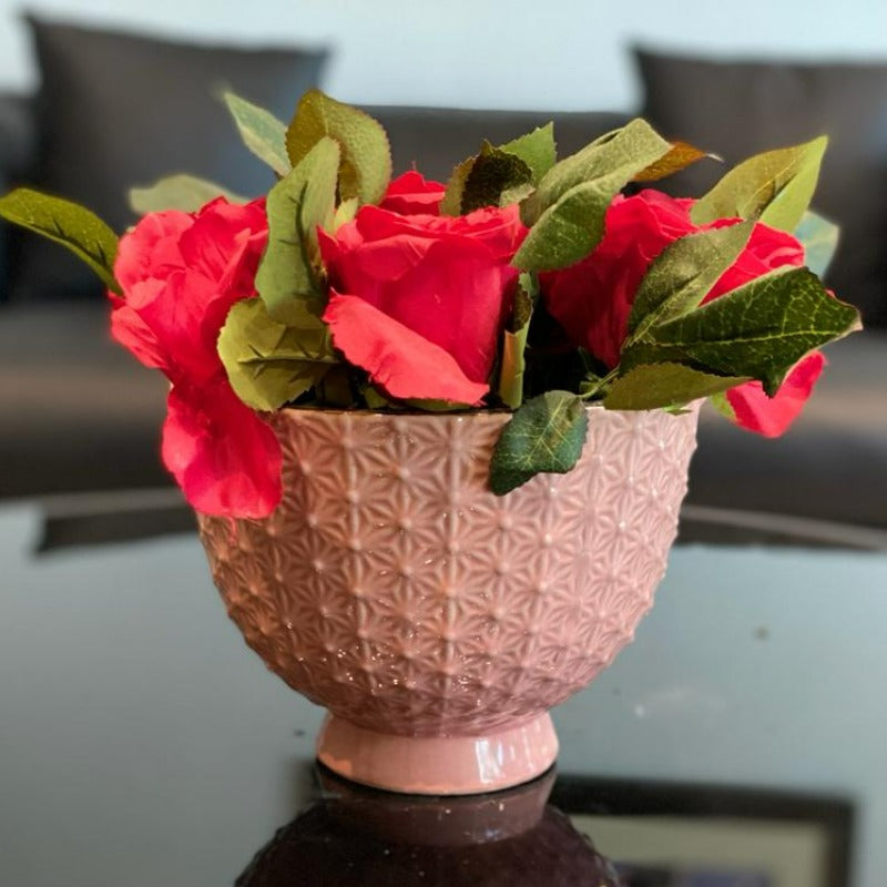 Faux Red Roses Arrangement in Peach Vase