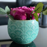 Faux Pink Roses in Turquoise Pot